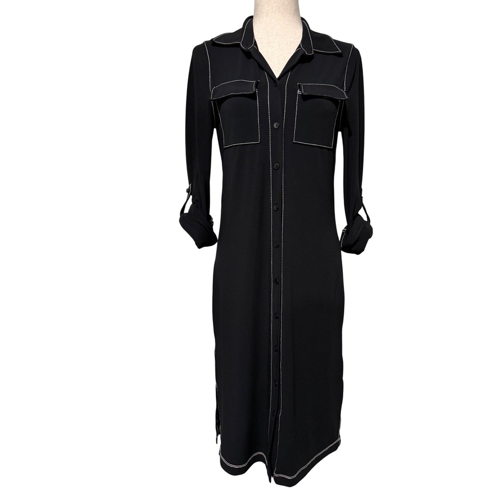 Chico's Travelers Button Front Midi Shirt Dress Black 00P 0/2P Coastal Travel